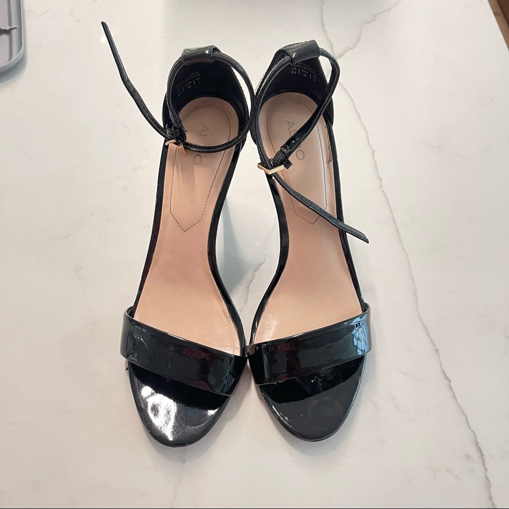 Black open toe strap heels